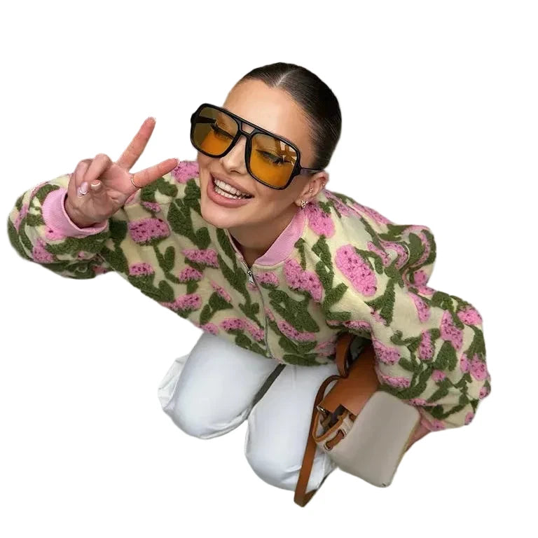🍒Floral fleece bomber jacket women smart casual elegant stand collar bomber embroidery long sleeve zip up short coat spring outerwear 3D clothing  Fab Fleece Flowery Fashion Fun