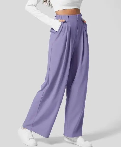 🍒Elegant women straight pants flowy solid colour high waisted trousers wide leg work wear female fashion clothes No Need To Put The Leg Work In To Get These Legs