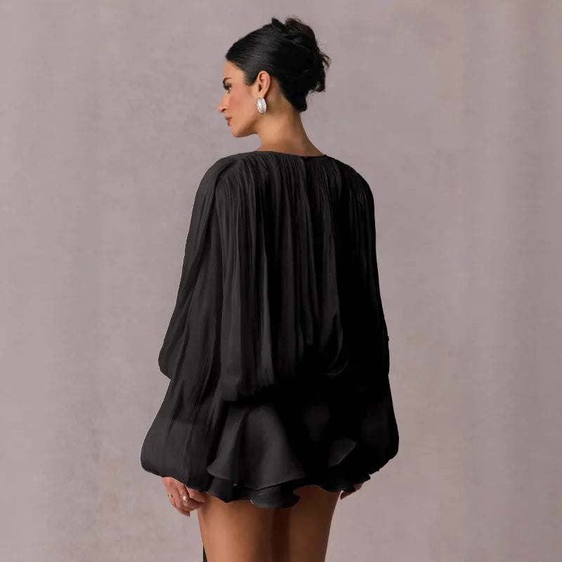 🍒Solid tie neck dress high waist outfit for women long sleeve shiny ruffle mini dress black party club wear occasion clothing Rush To Ruffles