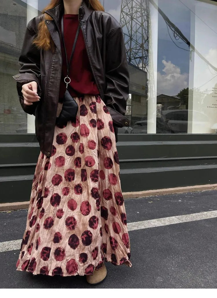 🍒Spot maxi skirt high waisted holiday beach wear women fashion a-line print tie dye style smart casual summer clothing Spacious Spot On Skirt