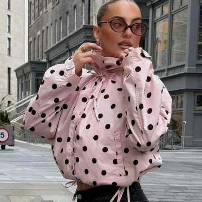 🍒Polka dot fashion pink Jackets spring/summer clothing printed loose cover up jacket top with stand collar chic casual clothing with drawstring detail  Bring Spring Sweet Thing