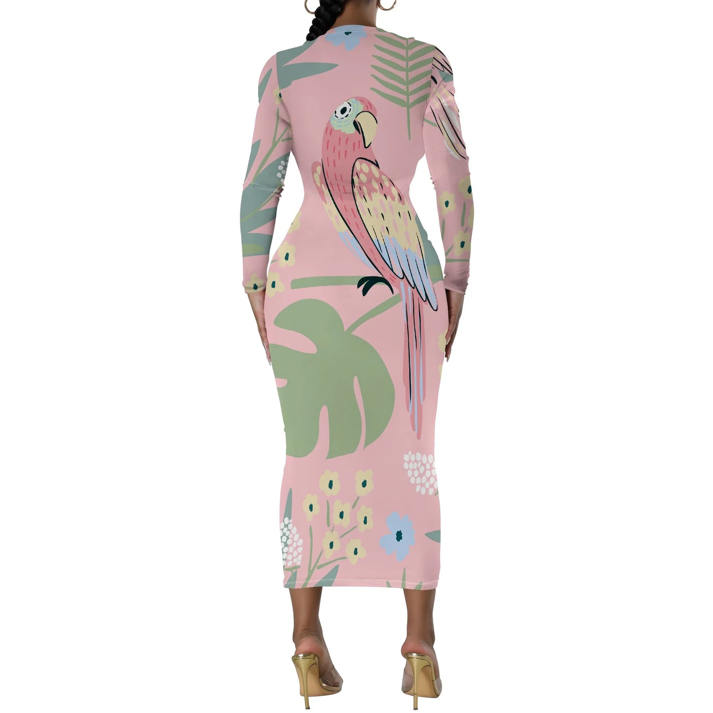 🍒Floral print dresses for women o -neck long sleeve fashion  stretchy summer clothes fitted bodycon midi smart casual You Won't Want To Leaf This Dress Alone