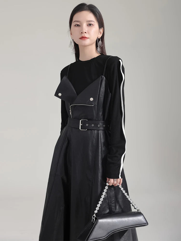 🍒Black faux leather dress spaghetti strap pu outfit with zip front sleeveless belted midi a-line dress party occasion wear sleeveless wear for women Like A Biker