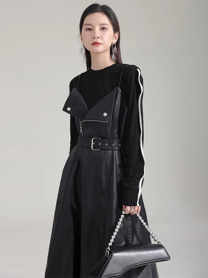 🍒Black faux leather dress spaghetti strap pu outfit with zip front sleeveless belted midi a-line dress party occasion wear sleeveless wear for women Like A Biker