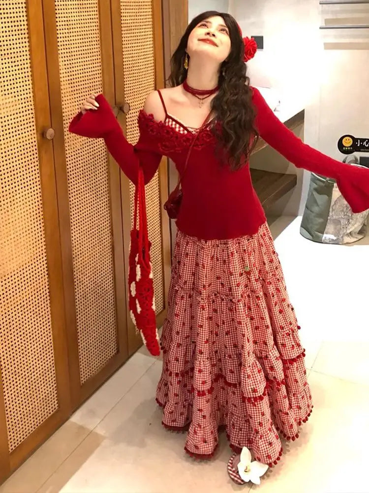 🍒Layered maxi skirt for women strawberry ball stretch high waisted fashion vintage clothing elegant loose long skirt female summer casual wear Get This Skirt And Put The Cream On Your Strawberry