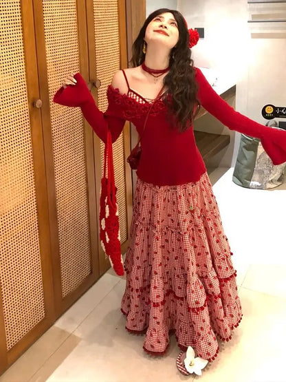 🍒Layered maxi skirt for women strawberry ball stretch high waisted fashion vintage clothing elegant loose long skirt female summer casual wear Get This Skirt And Put The Cream On Your Strawberry