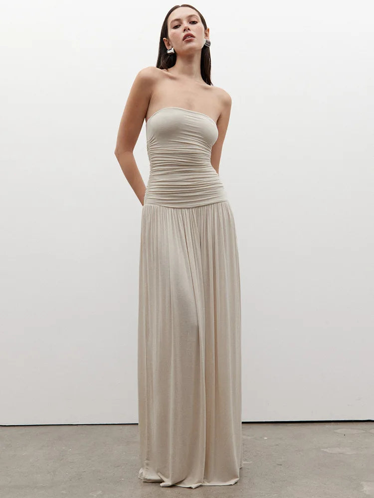 🍒Backless bandeau dress pleated maxi dress women fashion backless sleeveless high waist ruched long dress elegant Wine And Dine In Wine