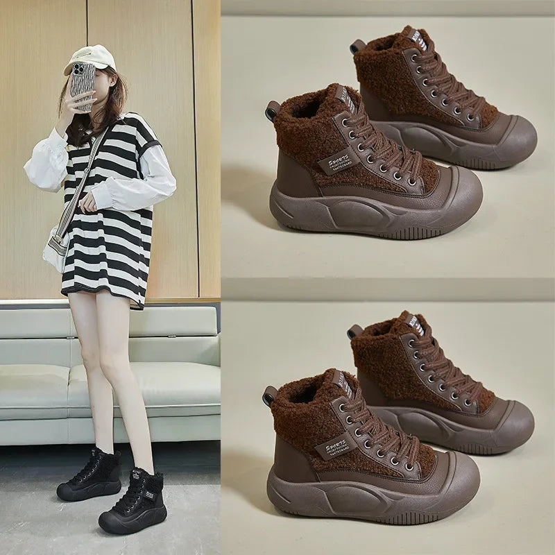🍒Plush boots thickened sole snow boots with (Outer Fleece) comfortable wear-resistant warm thick-soled shoes for ladies trendy lace up shoes casual walking footwear for women Buy Into Bootie Beauties