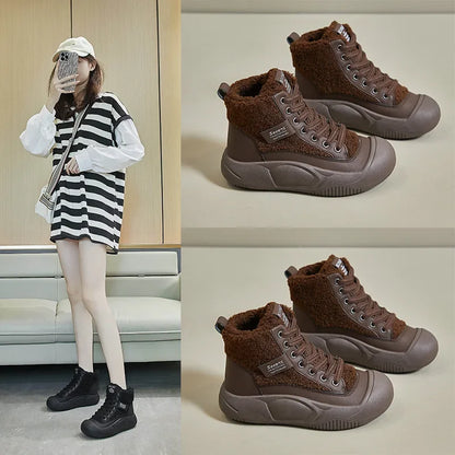 🍒Plush boots thickened sole snow boots with (Outer Fleece) comfortable wear-resistant warm thick-soled shoes for ladies trendy lace up shoes casual walking footwear for women Buy Into Bootie Beauties