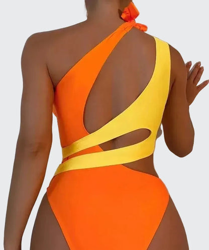 🍒One-piece swimsuit colour block collision single shoulder bathing suit strap design high eastic backless swimwear type european style swimming costume with tie straps  SHOREly CHIC