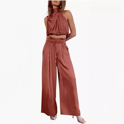 🍒Two piece pant sets for women open navel outfit silky sleeveless tops and wide leg trousers smart casual clothing summer fashion wear club wear party occasion wear 2 piece Sets pop this CROP and get SET for WIDE approval
