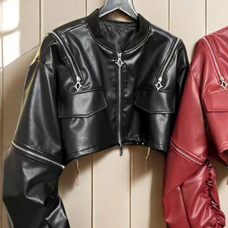 🍒pu cold shoulder leather jacket Y2K asthetic streetwear outerwear loose fashion women solid fashion female crop coat Keep Snug In A Cold Shoulder Coat