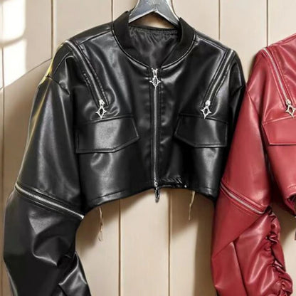 🍒pu cold shoulder leather jacket Y2K asthetic streetwear outerwear loose fashion women solid fashion female crop coat Keep Snug In A Cold Shoulder Coat
