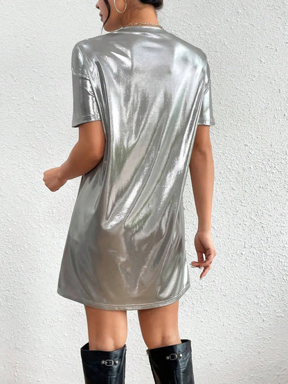 🍒Shiny t-shirt dress trendy o-neck outfit short-sleeved mini dress loose tee club wear party wear holiday wear beach party clothes Save Your Silvers keep Your Coppers