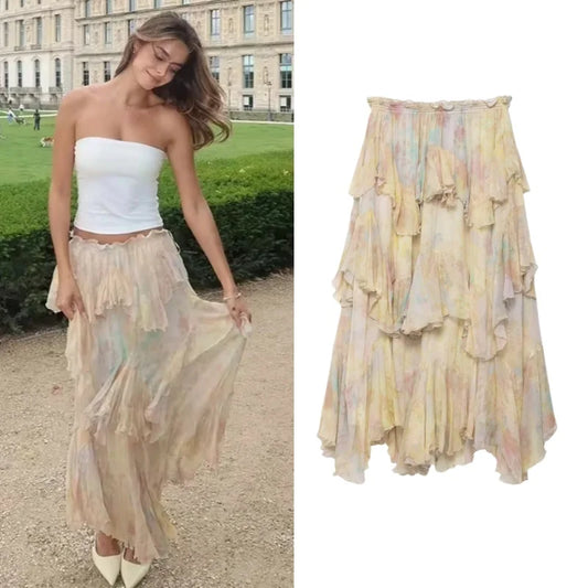 🍒Printed tiered skirt elasticated waist summer wear for women midi fashion long  mid-rise prairie chic smart casual clothing party occasion wear Playful Pretty Pastels