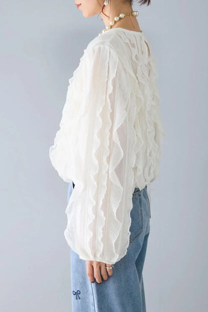 🍒Long slleeved ruffle blouse smart casual dress shirts niche ruffle edge round neck long sleeve party tops for women Get The Edge With A Ruffle