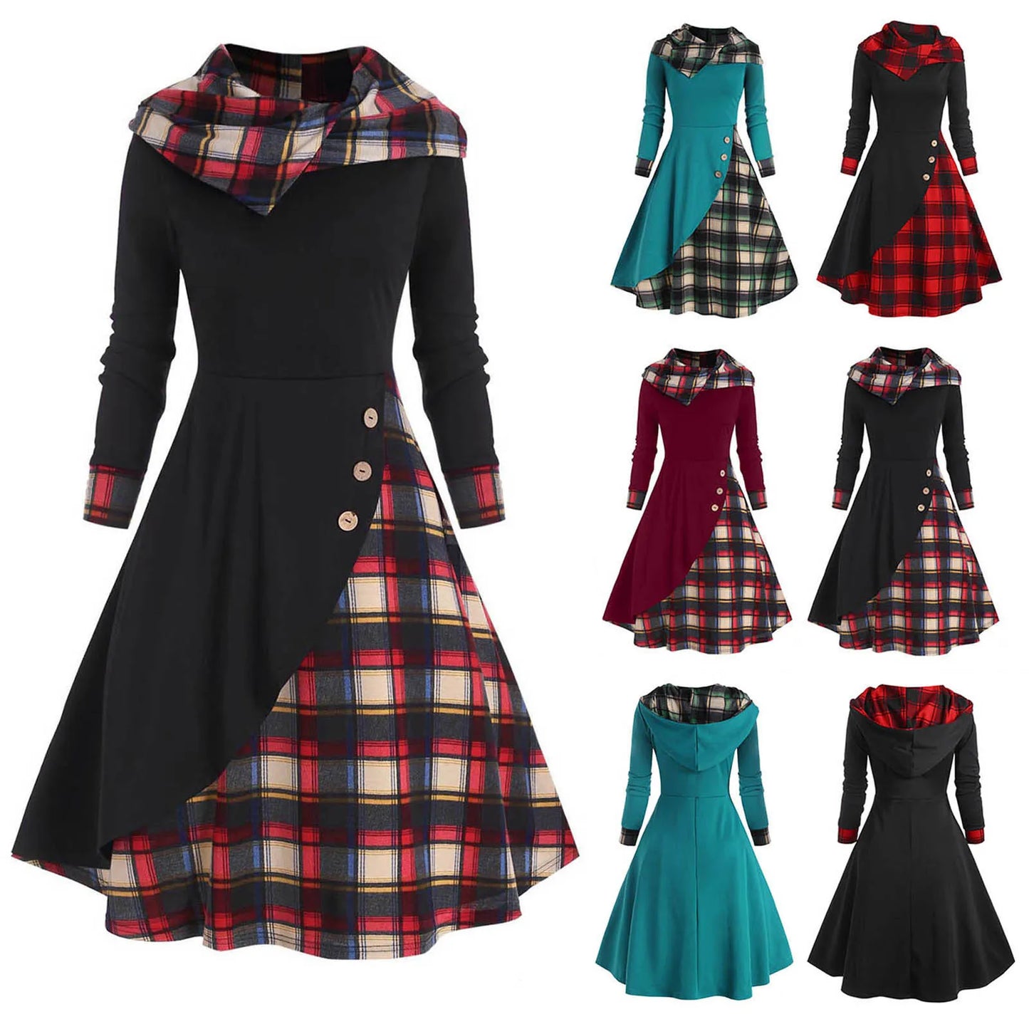 🍒Hooded dress button plaid patchwork outfit womens warm clothes autumn winter fashion high waist long sleeve casual midi Please Purchase Plaids