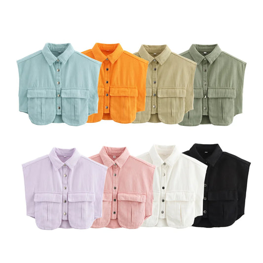 🍒Women's summer cropped shirt sleeveless blouse top ladies elegant with large pockets vintage style chic casual solid summer clothing high end cardigan denim top Pocket This Crop