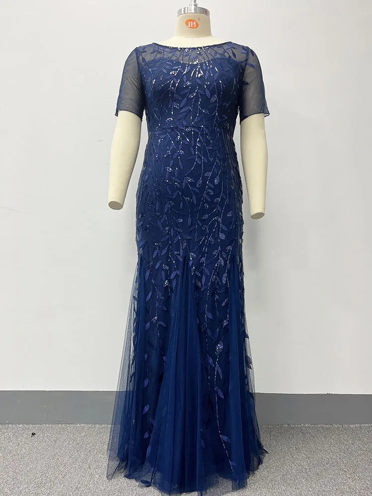 🍒Plus size sequin mesh dress mermaid evening gown beaded leaves pattern party occasion wear prom gowns short Sleeve sparkly outfits for women Fish Dish For Christmas