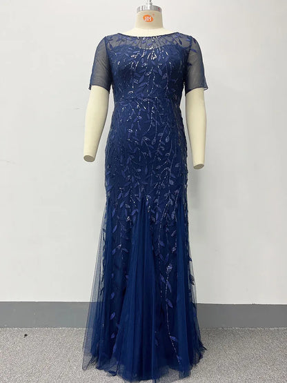 🍒Plus size sequin mesh dress mermaid evening gown beaded leaves pattern party occasion wear prom gowns short Sleeve sparkly outfits for women Fish Dish For Christmas