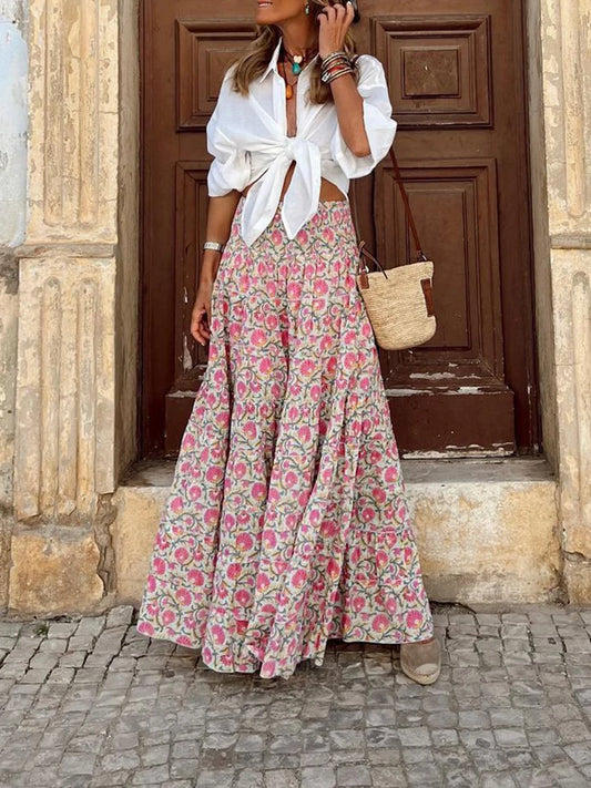 🍒Flowy maxi skirt floral print long  vintage high waist maxi fashion elastic a -line skirt boho outit beach versitile holiday sundress  Maxi-mum Flow Beautiful Boho