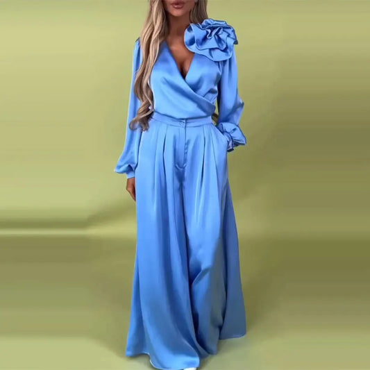 🍒Wide leg pants set elegant 3d flower satin suit for women v neck blouse plus wide leg casual loose  trousers party wear occasion wear two piece                           Suit Yourself With Satin