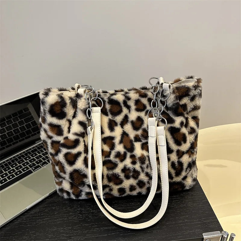 🍒Leopard print tote bag large capacity over shoulder bag fur shopper bag women's faux fur handbags for college Carry Animal
