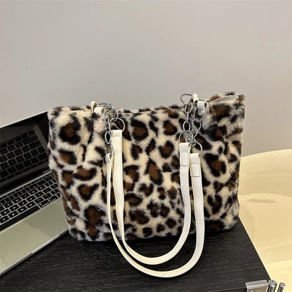 🍒Leopard print tote bag large capacity over shoulder bag fur shopper bag women's faux fur handbags for college Carry Animal