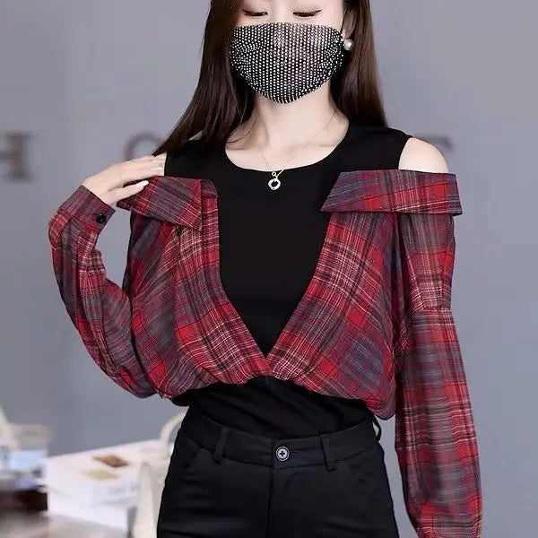 🍒Fake two piece shirt cotton blouse for women off shoulder top cool blue stripe shirt Woman Particular Trends Youth