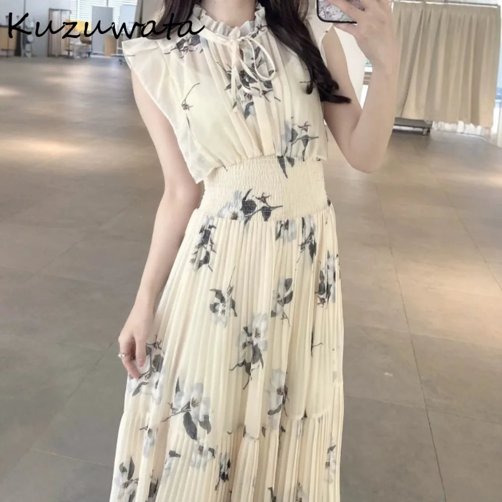 🍒Mid-length dresses for women printed high waisted outfit gentle literary pleated slim exquisite outfit smart casual flloral clothing