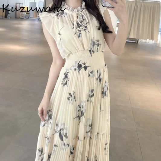 🍒Mid-length dresses for women printed high waisted outfit gentle literary pleated slim exquisite outfit smart casual flloral clothing