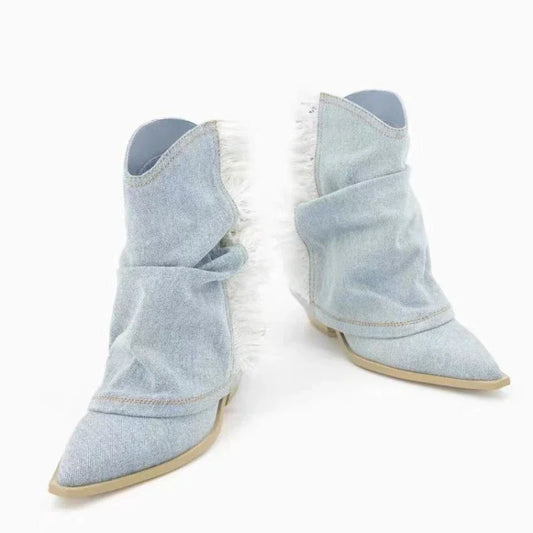 🍒Pointy toe ankle boots blue denim canvas shoes casual cloth booties for women comfortable western boots Cool Cowboy