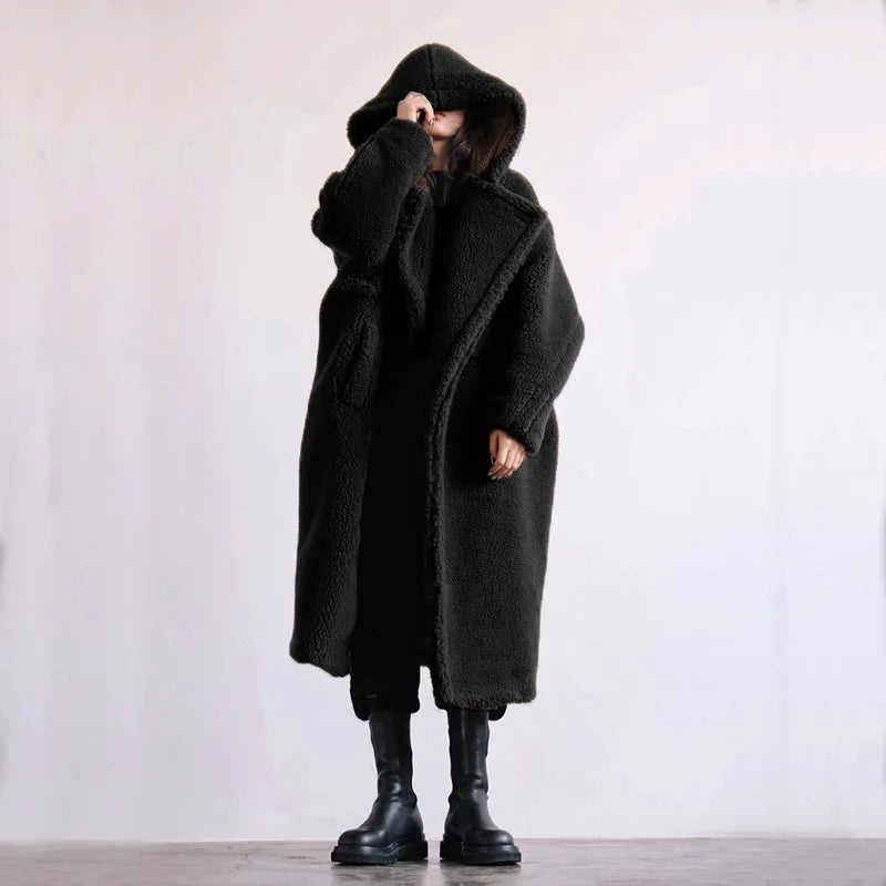 🍒Womens faux fur coat hooded midi lapel collar coat turn down collar coat colourful outerwear fashion open stitch elegant Warm thick autumn winter wear Feel Like A Bear In A Teddy