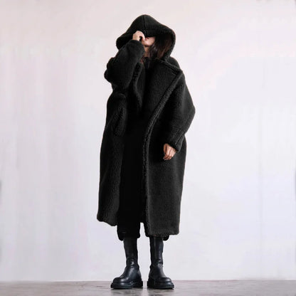 🍒Womens faux fur coat hooded midi lapel collar coat turn down collar coat colourful outerwear fashion open stitch elegant Warm thick autumn winter wear Feel Like A Bear In A Teddy