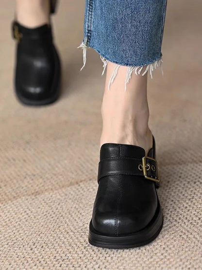 🍒Genuine leather buckle shoe open back mules for ladies smart casual summer footwear commuter thick heel slides