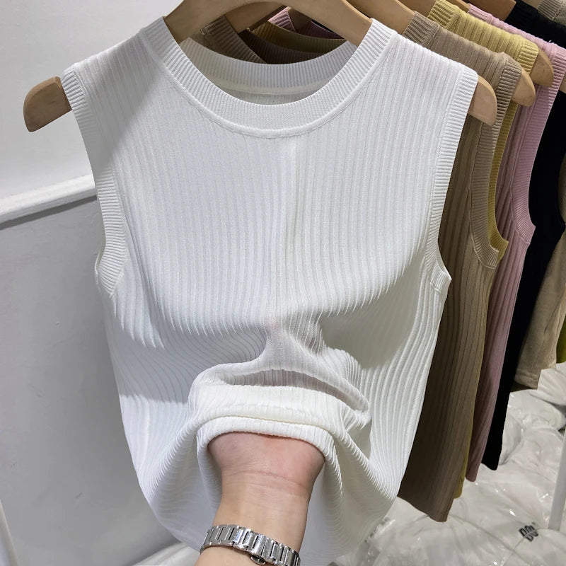 🍒Womens knitted tank tops fine knit vest summer wear for women  o-neck sleeveless t-shirt casual clothing Tank Up Your Tops