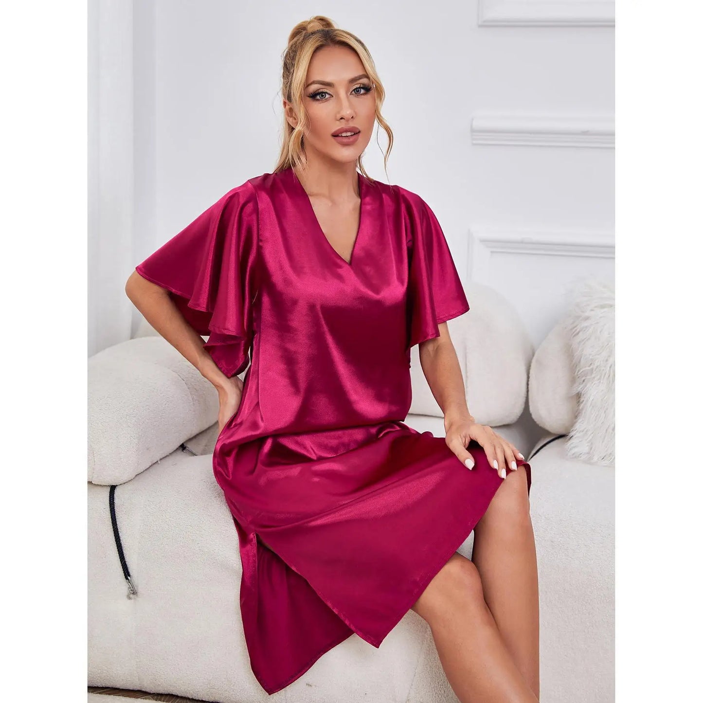 🍒Solid colour women's ice silk summer short sleeved satin night dress lounge wear for women shiny loungewear Stylely Smoothy Sleepy