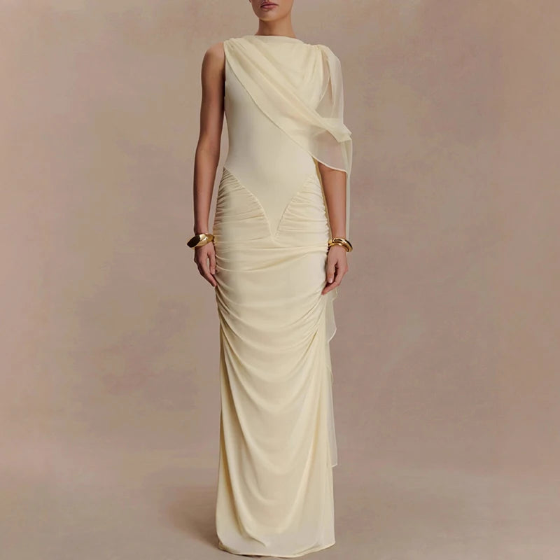 🍒Mesh draped dress solid color outfits o/neck high waist chiffon evening gowns occasion wear maxi shawl dress  Rome-mantic