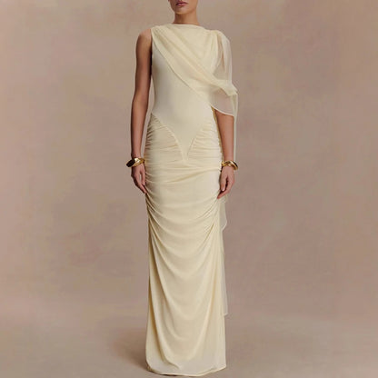 🍒Mesh draped dress solid color outfits o/neck high waist chiffon evening gowns occasion wear maxi shawl dress  Rome-mantic