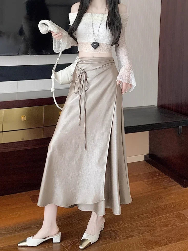 🍒Elegant high waist skirts for women fashion black grey satin skirt classic smart casual women  long skirt summer wear slinky silky skirty style