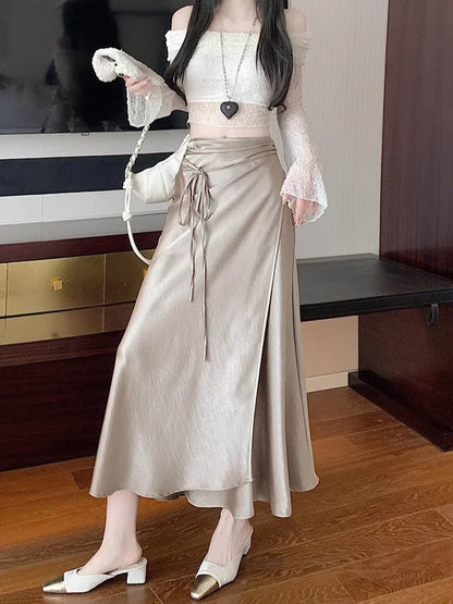 🍒Elegant high waist skirts for women fashion black grey satin skirt classic smart casual women  long skirt summer wear slinky silky skirty style