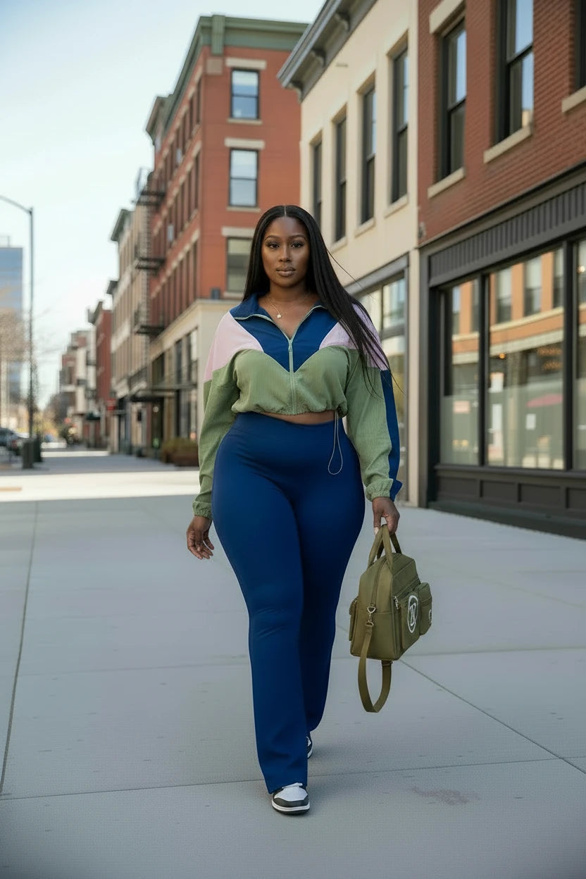 🍒Colour block 2 piece set outfit casual zipper tops women drawstring crop top plus high waist flare pants suit summer autumn fashion activewear outfits Lounge Lovely Kick Cumfy Or Fit Colour Into Your Keep Fit
