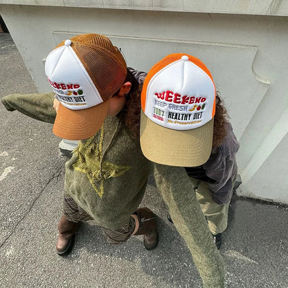 🍒Embroidered baseball caps fresh fruit and wording motif baseball hats unisex fashion colour block trucker caps sunshade casual breathable versatile accessories