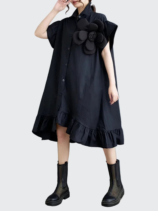 🍒Summer loose dress artistic high low ruffle trim outfit with 3D flower cotton blend office smart casual women mid-length a-Line Don’t Get Ruffled Pick A Flower And Ease lnto Summer