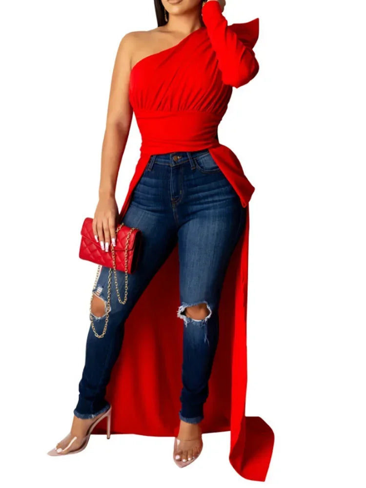 🍒One shoulder dip hem tops womens long sleeve one shoulder blouse design asymmetrical casual blouses leopard print fashion smart casual clothing Shake Your Tail Feathers