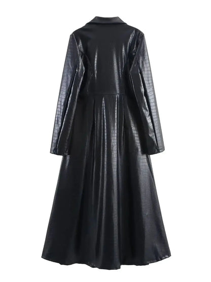 🍒Extra long faux leather trench coat vintage maxi luxury pu double breasted black designer outerwear clothing smart casual Crocodile Style