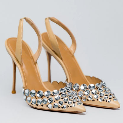 🍒Crystal slingback sandals pointed toe stilettos heels ankle strap occasion shoes footwear evening pumps for women modern party shoes On Point Fashion
