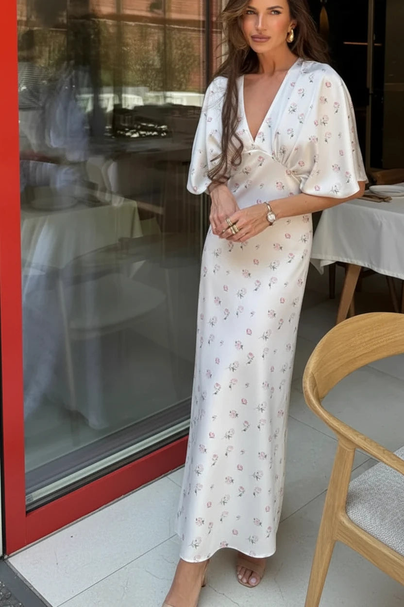 🍒White floral satin maxi dress for women casual or occasion wedding guest beach vacation outfit flower printed v-neck dress womens fashion slim fit waist short butterfly sleeve long summer wear with short sleeves high waist cute comfy casu-casion