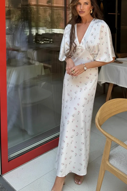 🍒White floral satin maxi dress for women casual or occasion wedding guest beach vacation outfit flower printed v-neck dress womens fashion slim fit waist short butterfly sleeve long summer wear with short sleeves high waist cute comfy casu-casion