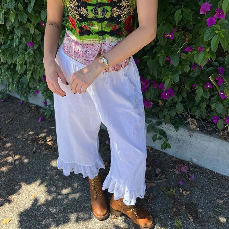 🍒Cottage fairy wide leg pants Y2k aesthetic 00s retro high waist  calf-length trousers Vintage lounge loose fit ruffle hem trousers feminine female fashion wear for women Get Cosy In A  Fairy cottage
